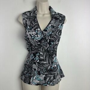 Y2K Cato Size Small Babydoll Top VNeck Sleeveless Collar Floral Metallic Crinkle